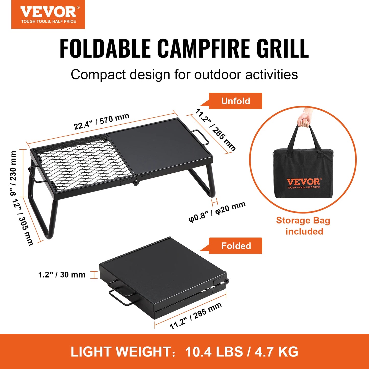 VEVOR Folding Campfire Grill, Portable Camping Grates Cooking Equipment with Legs Carrying Bag