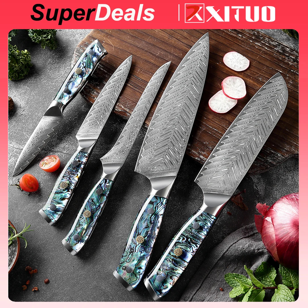 XITUO 1-5 PCS Damascus Steel Cooking Knives Chef Fillet Japanese Santoku Boning Exquisite Shell Handle - My Store