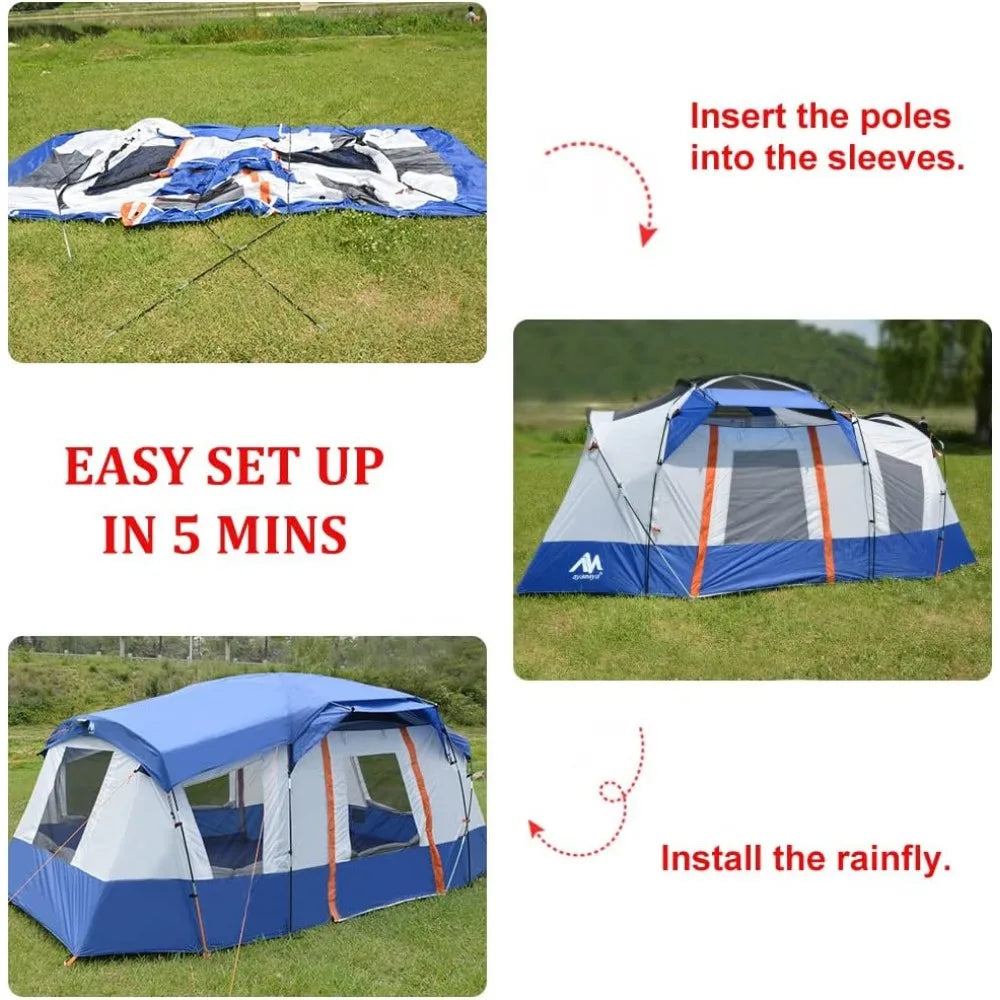 10 Person Waterproof Multi Room Large Family Camping Tents w/ Skylight & Removable Rainfly