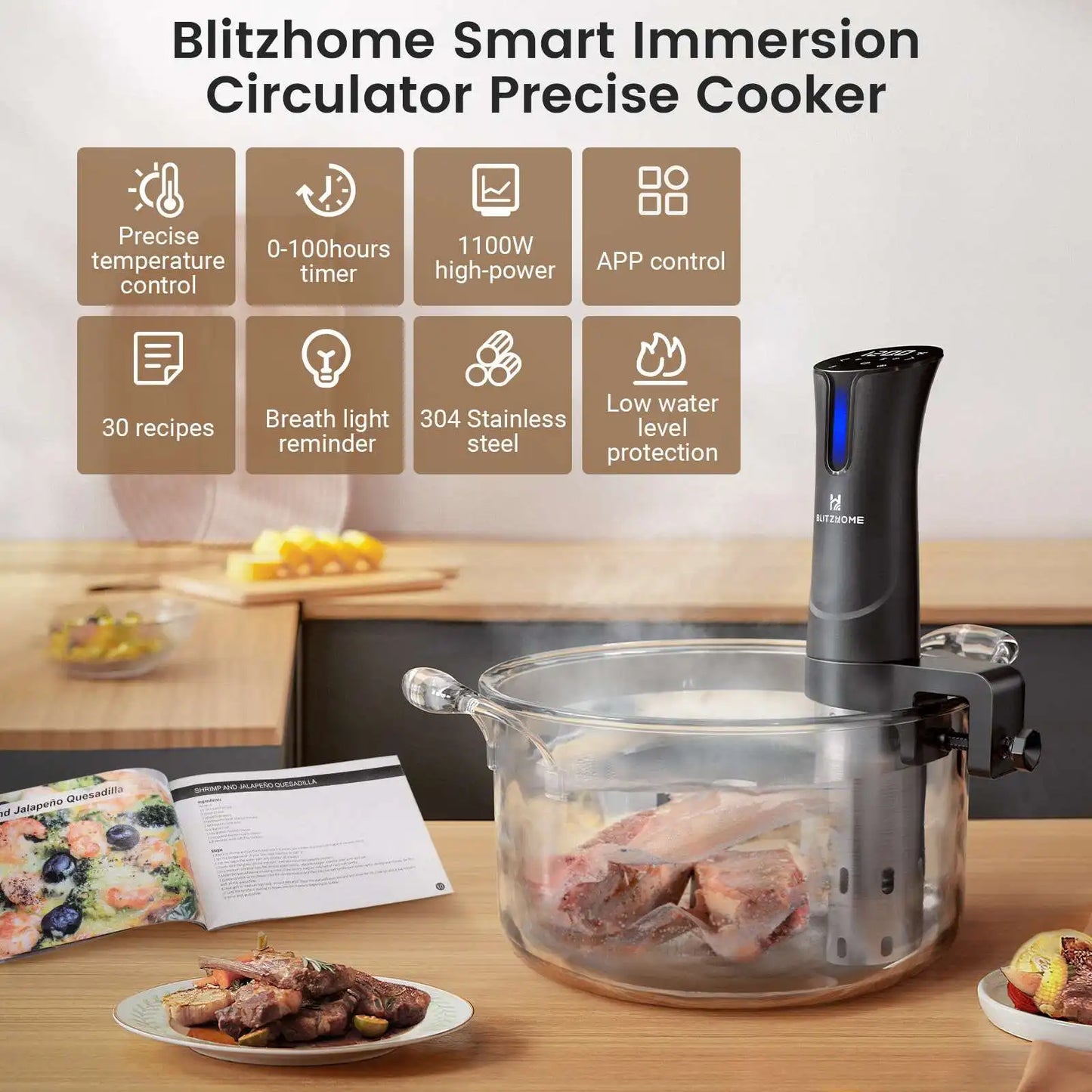 Blitzhome Home Appliance Sous Vide Cooker 1100W WIFI Kitchen Sous Vide Immersion Circulator