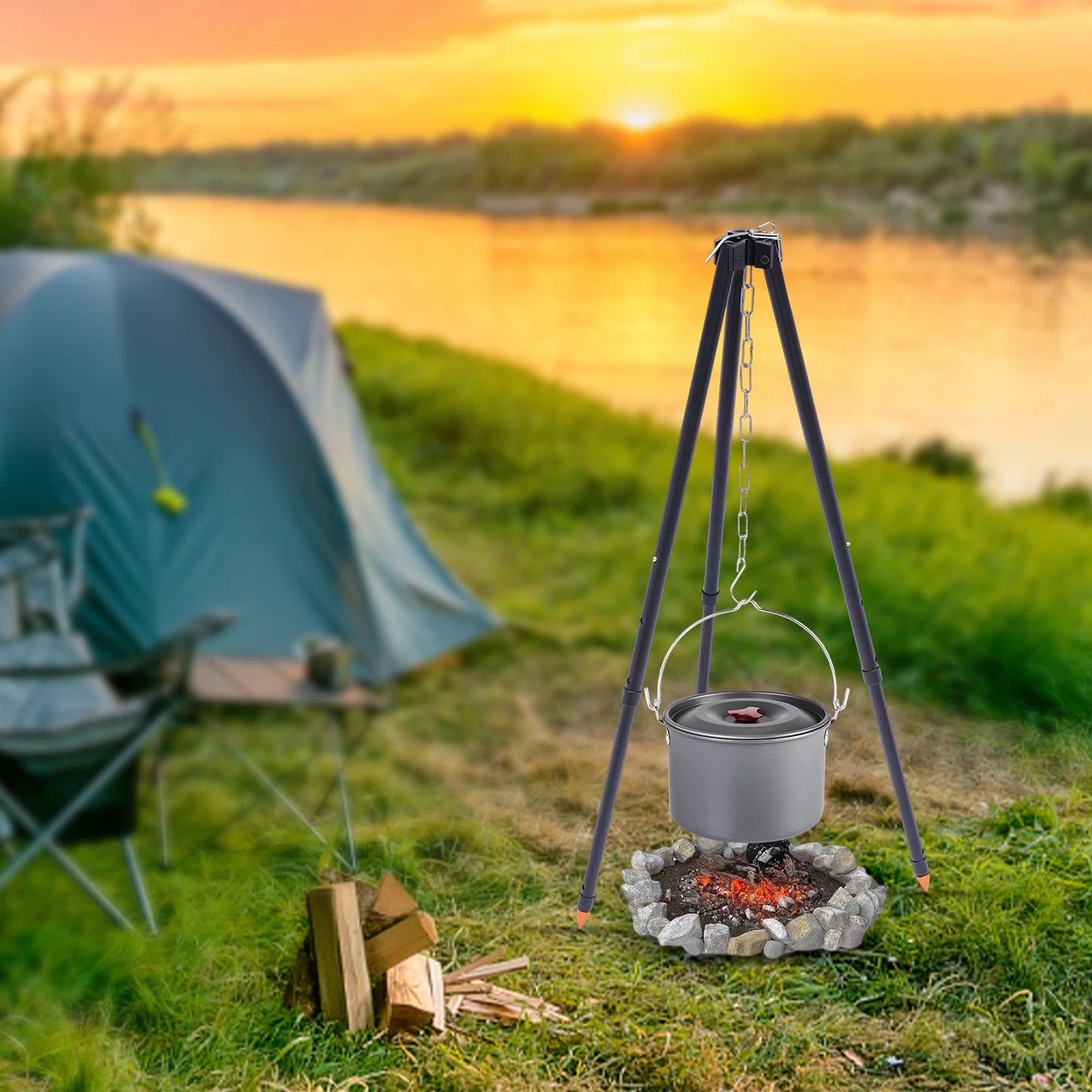 Portable BBQ Tripod Swivel Grill Rack Outdoor Barbecue Gallows Foldable Cooking Pot Holder