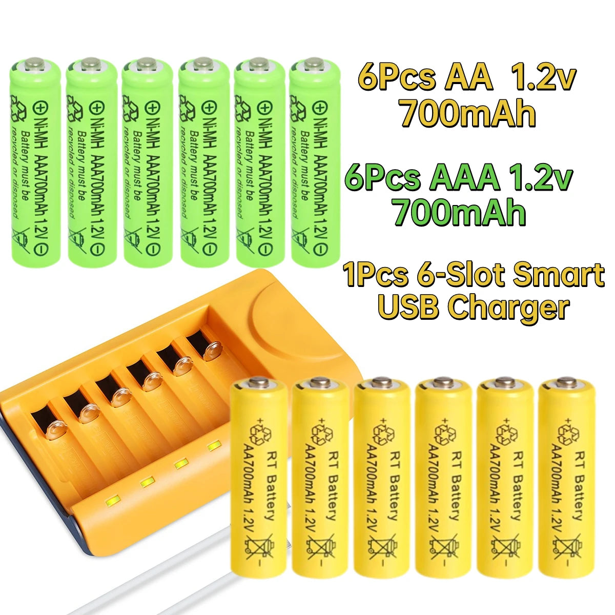 Skywolfeye 30pcs/24pcs/18pcs/12pcs/6pcs AA AAA NiMh 1.2V 700mah Battery Set w/6 Slot Charger