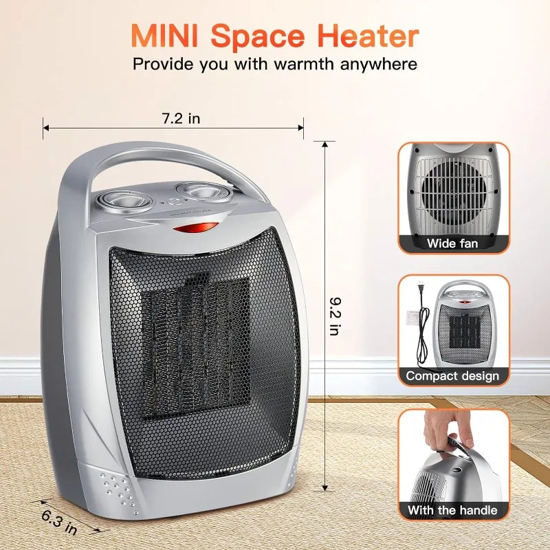 Portable Electric Heater w/Thermostat, Small Desk Ceramic Heater, Black, Silver or Digital