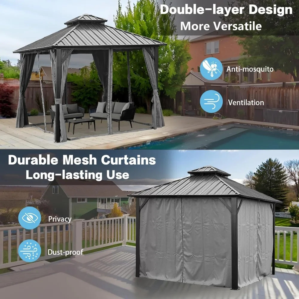 12x12FT Outdoor Hardtop Gazebo w/Double Roof, Mosquito Netting & Curtains - Heavy Duty Steel Frame