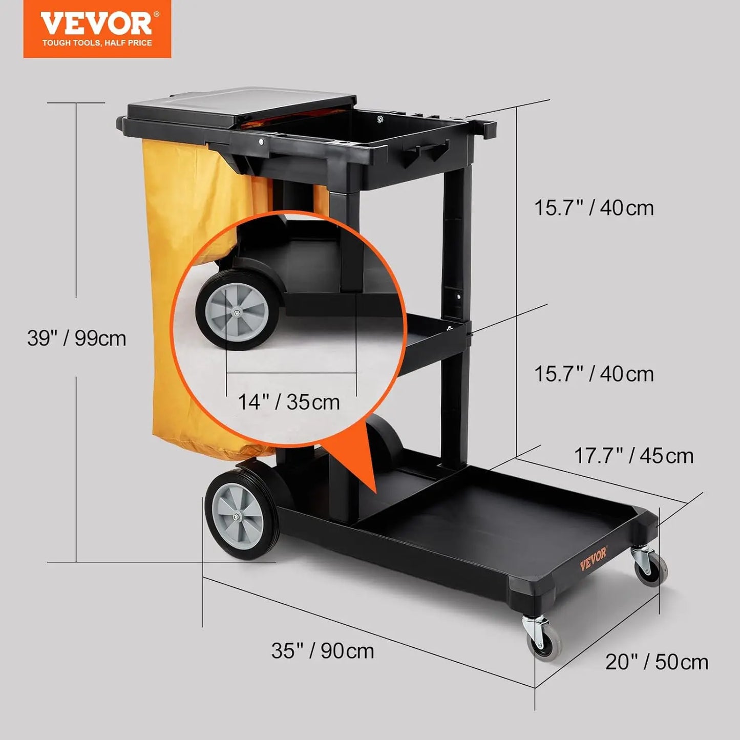 VEVOR Cleaning Cart, 3-Shelf Commercial Janitorial/200 lbs Capacity Housekeeping Cart/ PVC Bag