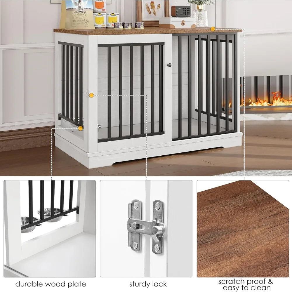 47 Large Dog Crate Furniture, Heavy Duty Dog Kennel Indoor with Sliding Door and 2 Adjustable Bowls