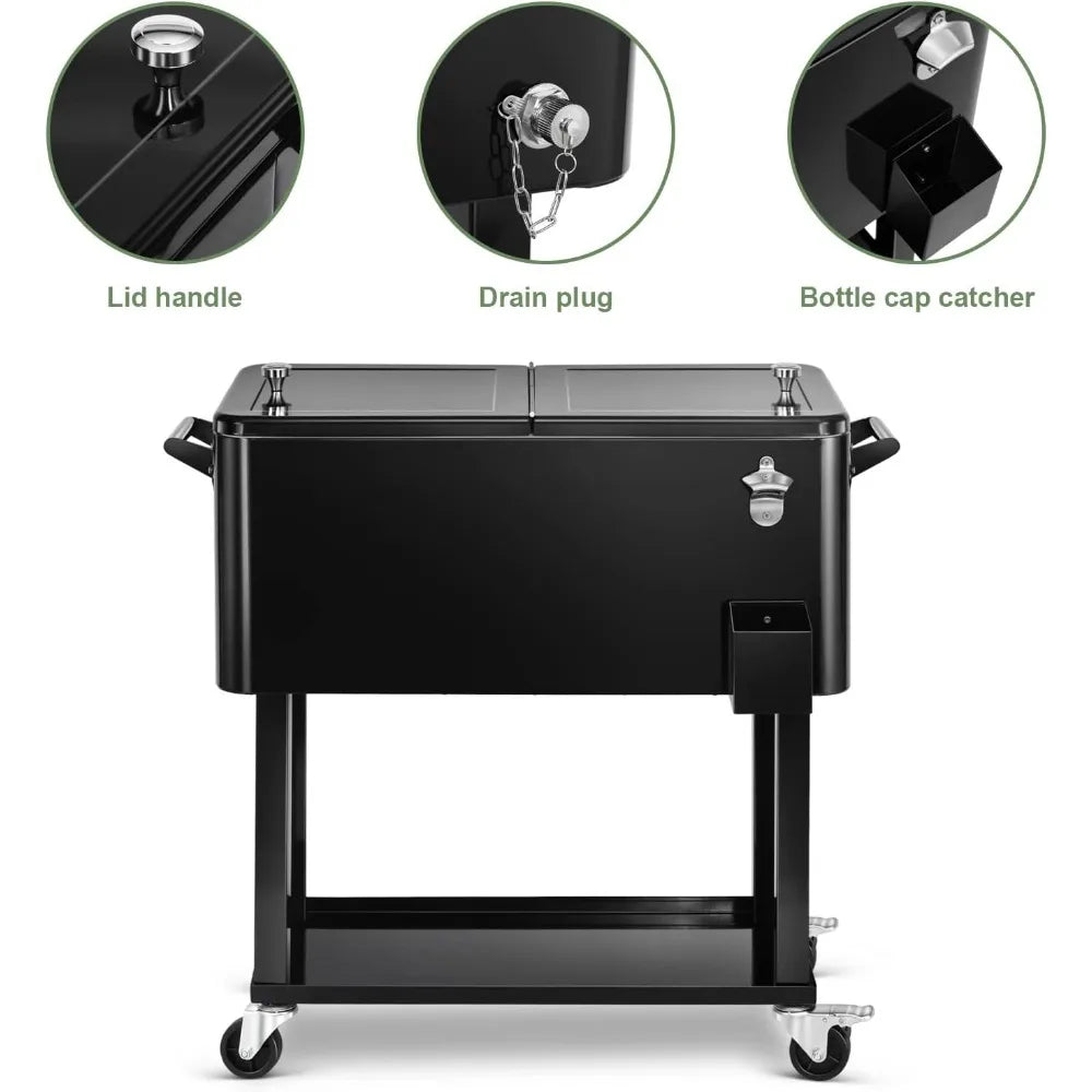 80 Quart Rolling Ice Chest Cooler Cart,Patio Backyard Party/Bar Stand Up Cooler Trolley w/Ice Scoop