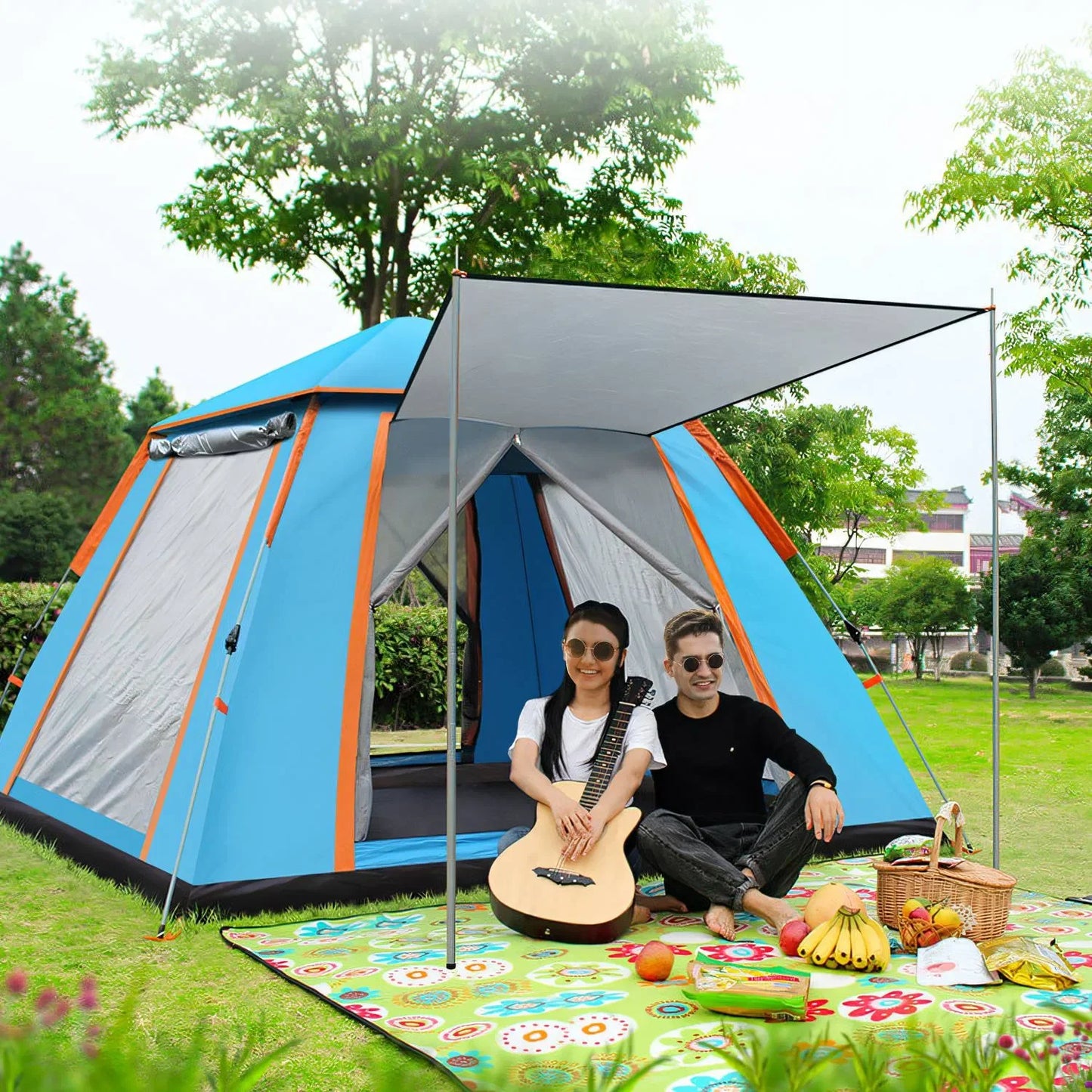 4-5 Person Camping Tent Outdoor Foldable Waterproof Tent with 2 Mosquito Nets Windows Carrying Bag