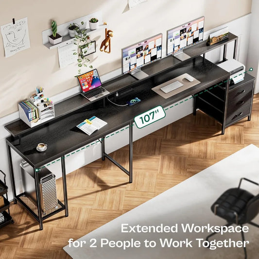 L Shaped 66.1 Inches Computer Desk with 3 Drawers ,Office Desk with Printer and Monitor Stand, with LED Lights and Power Outlets