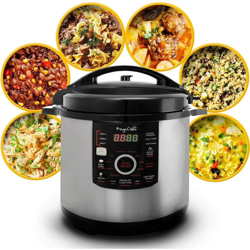 MegaChef 6 Quart Electric Pressure Cooker with 14 Pre-Set Multi-Function Features & Stainless Steel Pot