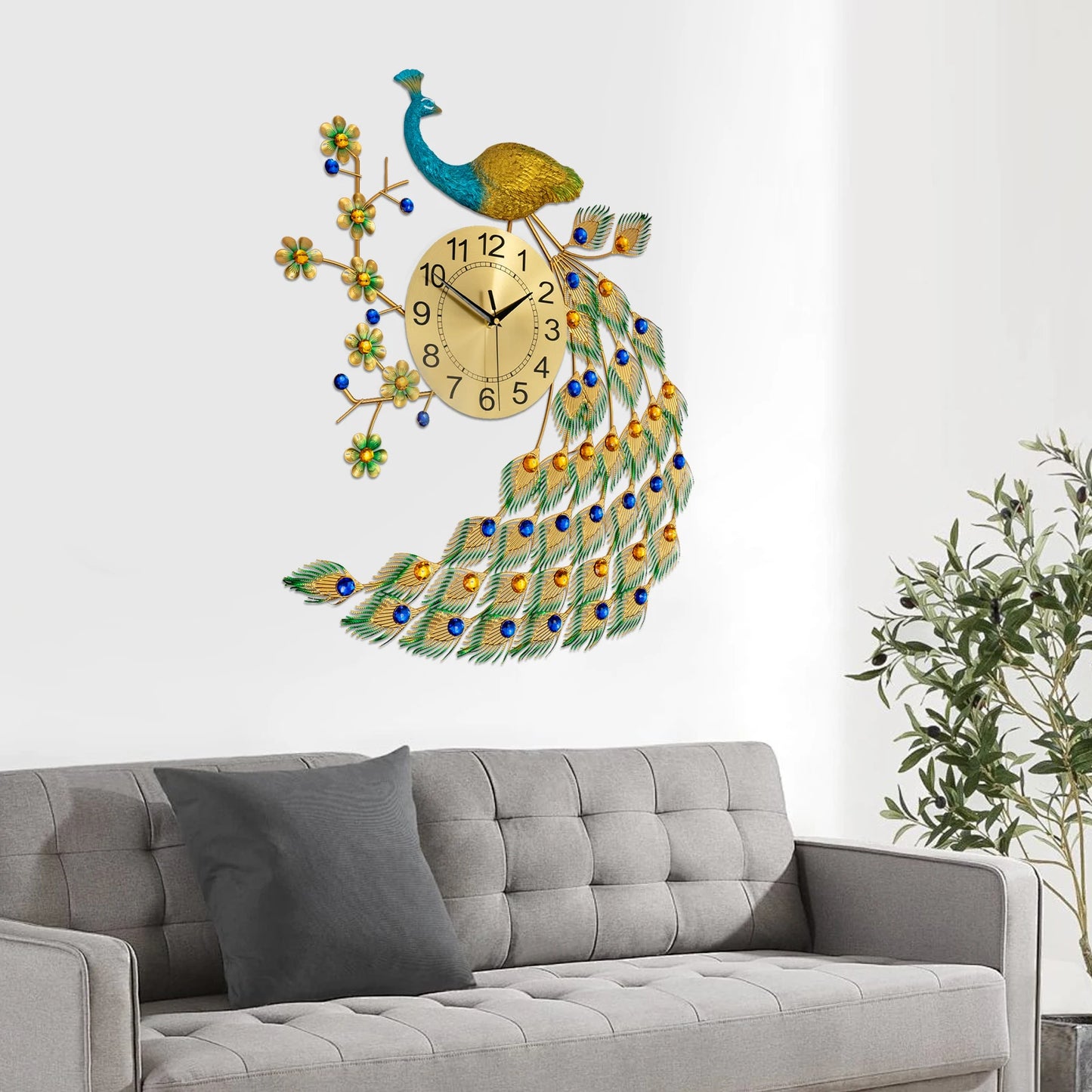 Iron Wall Clock,Gold Peacock Quartz Wall Clock 65*75cm Wall-Mounted