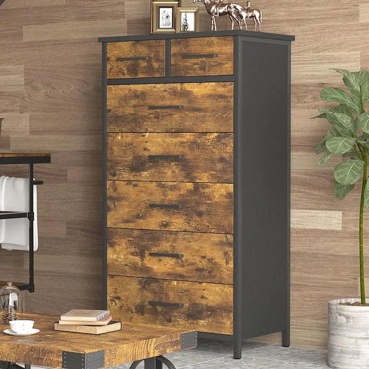 7 Drawer Tall Dresser, Industrial Wood Storage Dresser Clothes Organizer, Sturdy Steel Frame