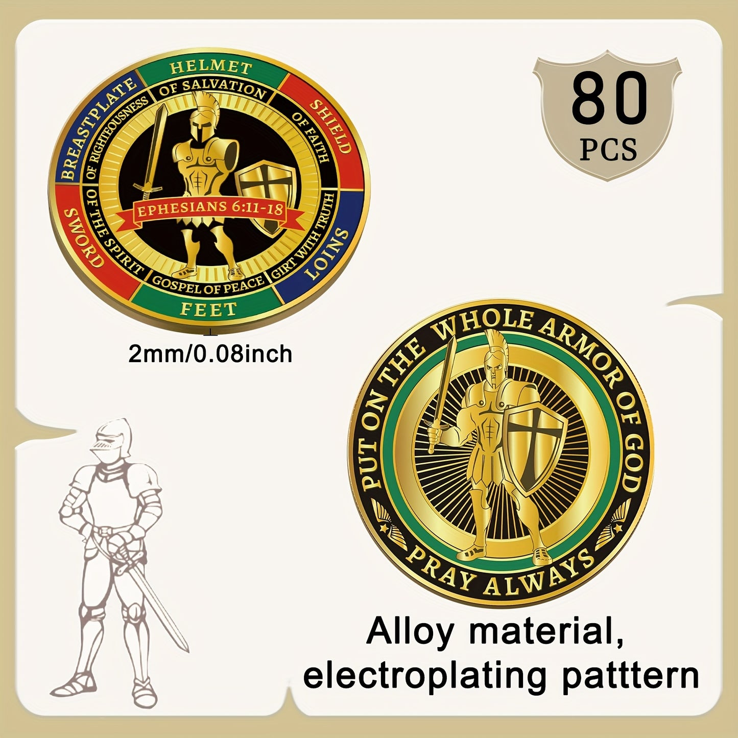 80pcs Put On The Whole Armor Of God Challenge Coins Round Metal Commemorative Coins Golden Prayer