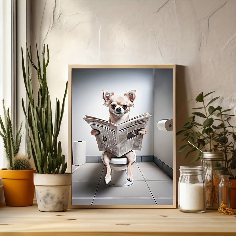 Chihuahua Reading Newspaper on Toilet: "12x16" Framed Poster - Humorous Animal Wall Art
