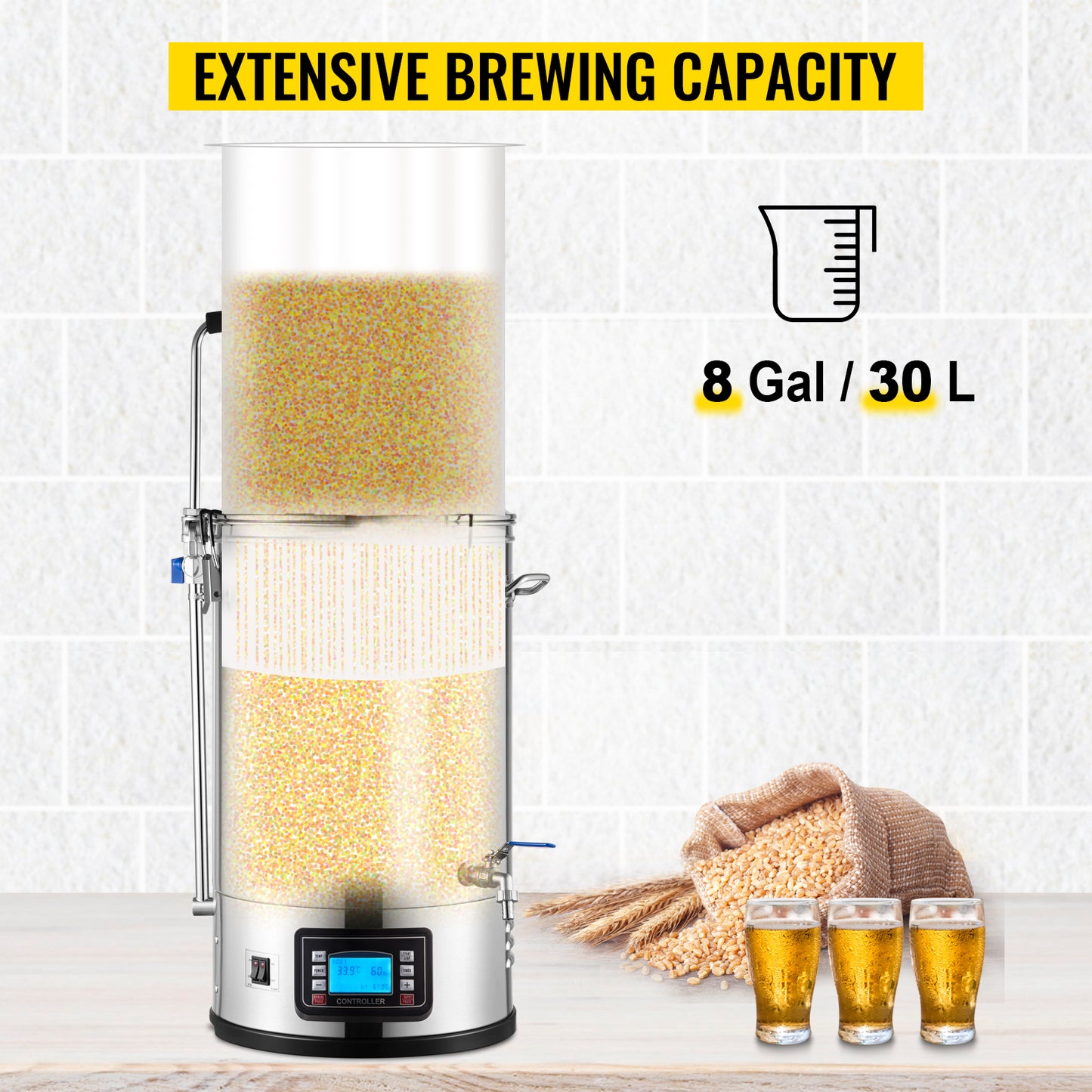 VEVOR 35L 110/220V 304 Stainless Steel All-in-One Home Beer Brewer Electric Brewing System with Pump