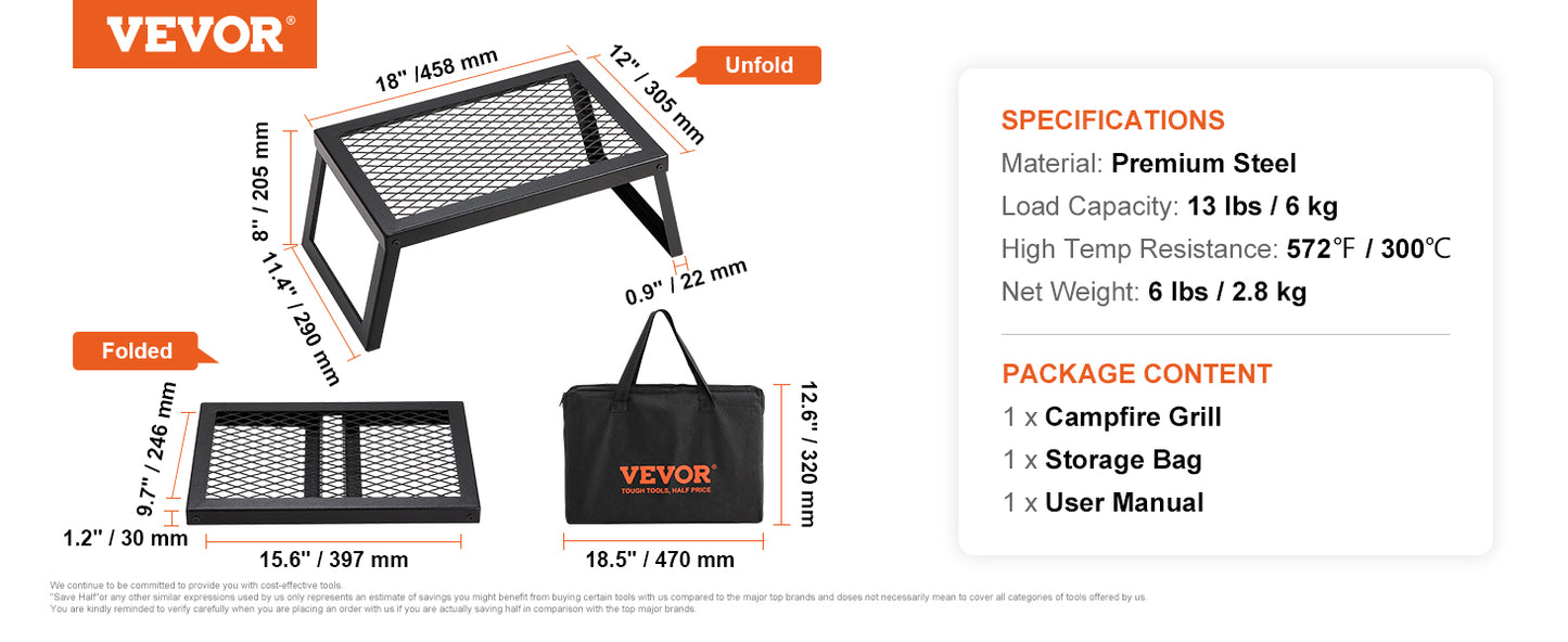 VEVOR Folding Campfire Grill, Portable Camping Grates Cooking Equipment with Legs Carrying Bag