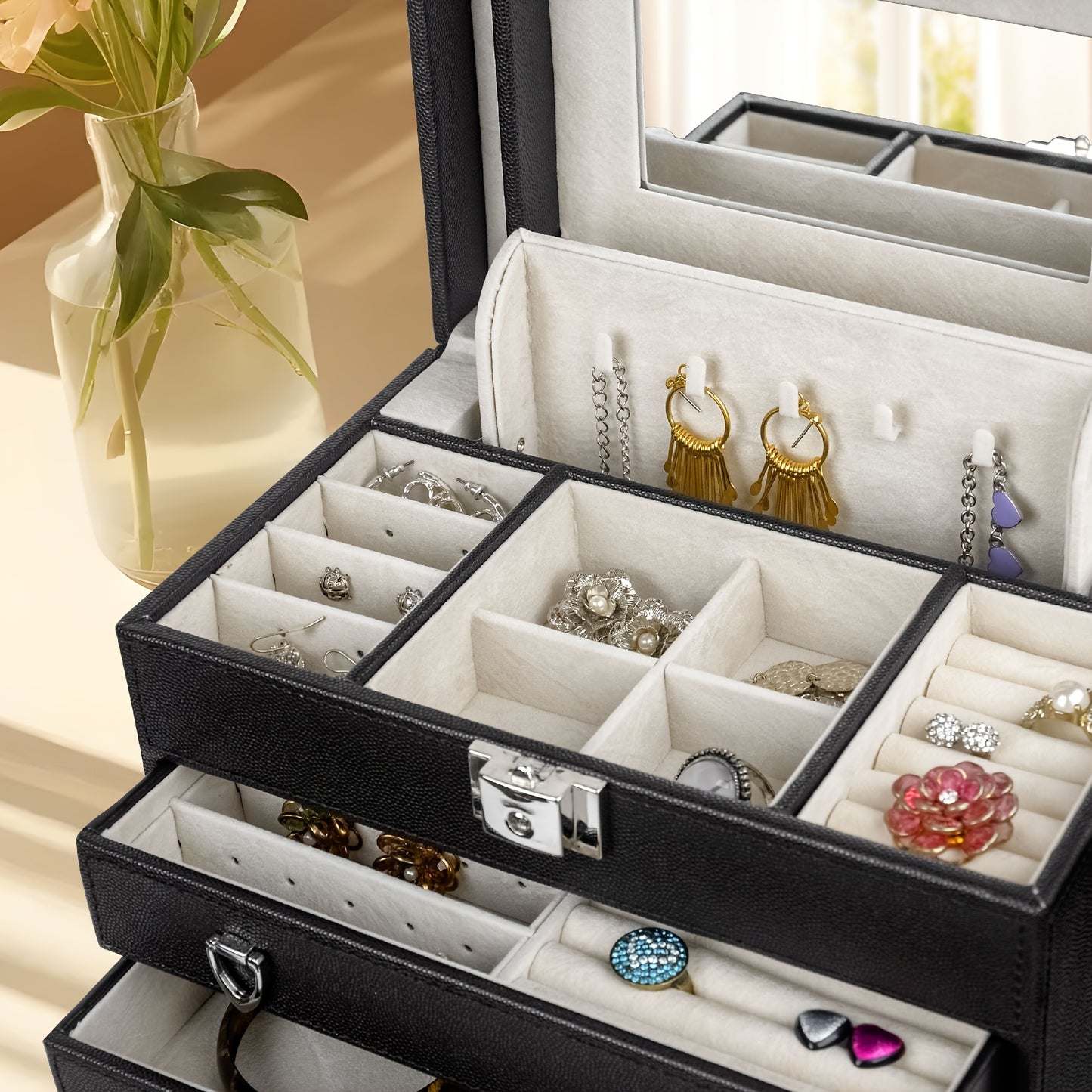6-Layer Large Leather Jewelry Box for Women, Jewelry Organizer Box with Mirror LJC09BK