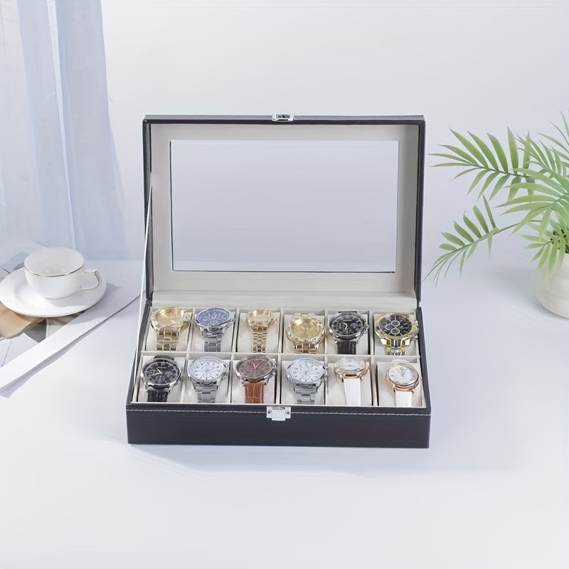 1pc Black Faux Leather Watch Box, Square Flip Display Box For 10/12 Slots, Elegant Watch Organizer