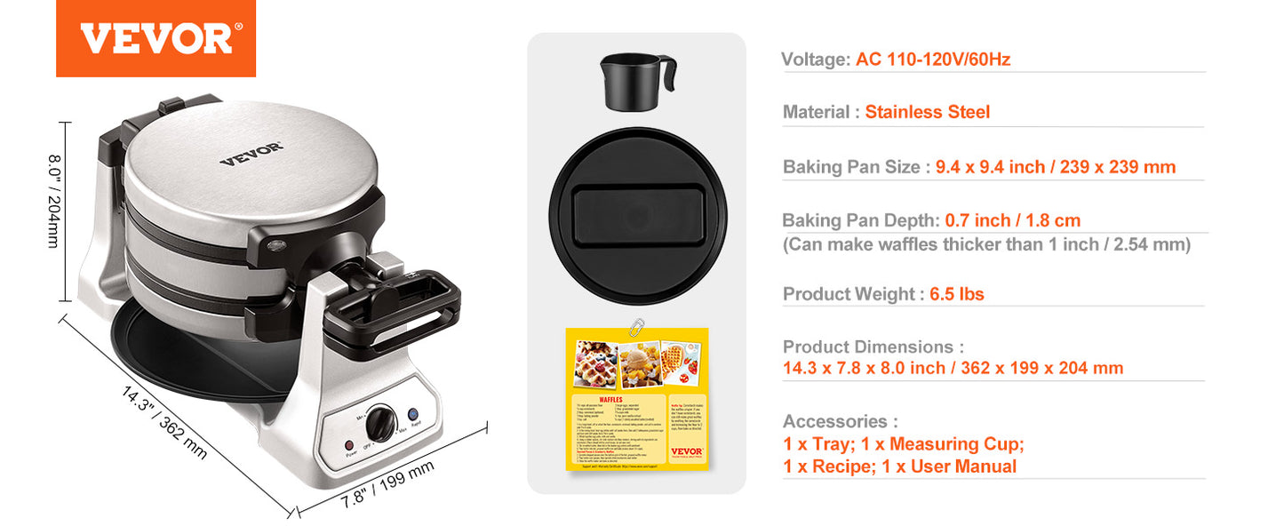 VEVOR 2-Layer Waffle Maker 1400W Iron Non-Stick Baker Teflon-Coated Baking Pans Stainless Steel