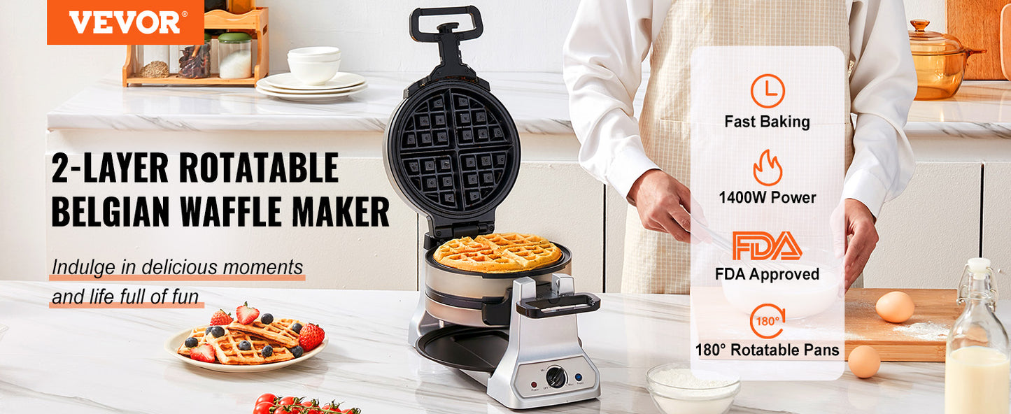 VEVOR 2-Layer Waffle Maker 1400W Iron Non-Stick Baker Teflon-Coated Baking Pans Stainless Steel