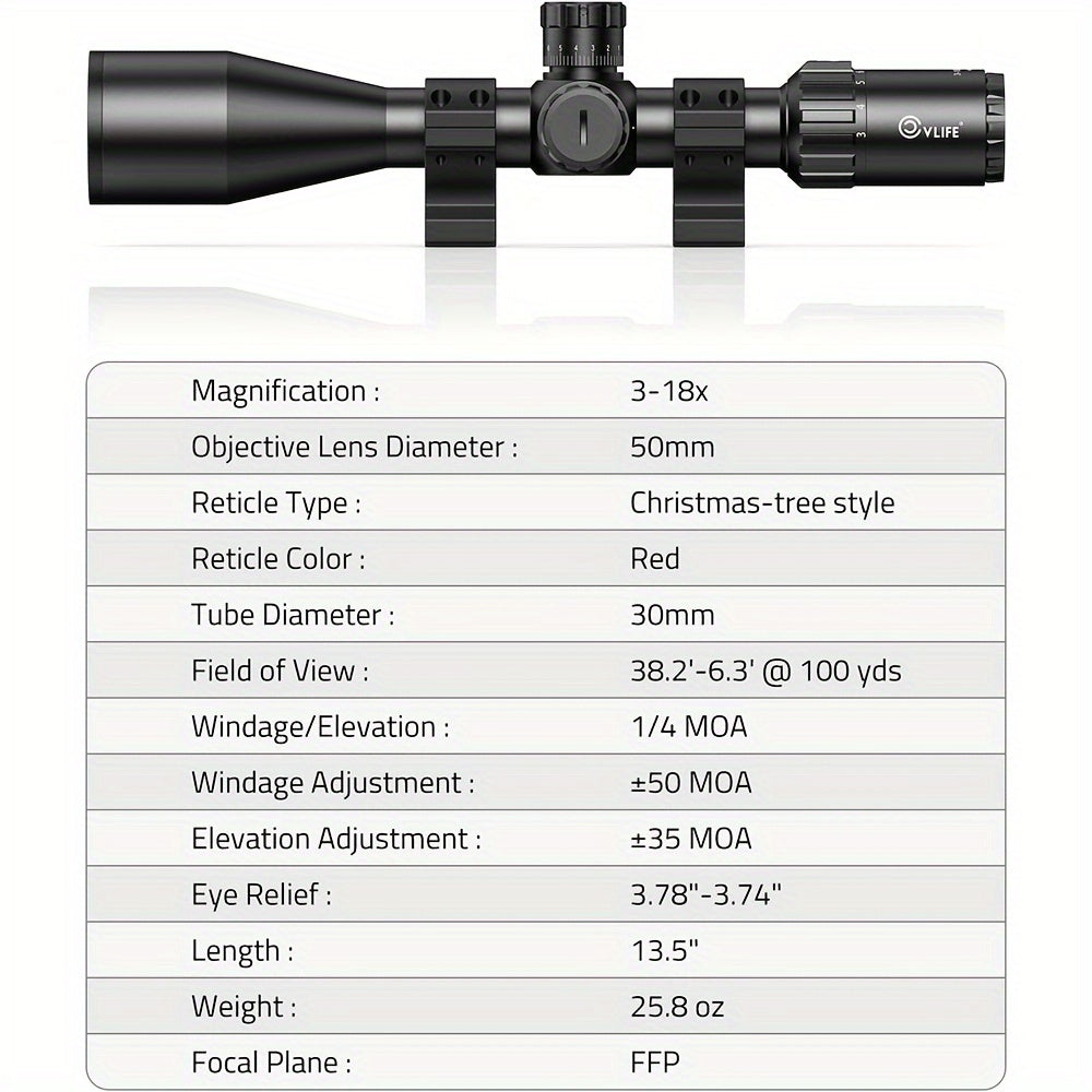 First Focal Plane Scope With MOA Illuminated Reticle, Zero Stop, Zero Reset, Parallax Adjustment - 30mm Tube With Scope Rings