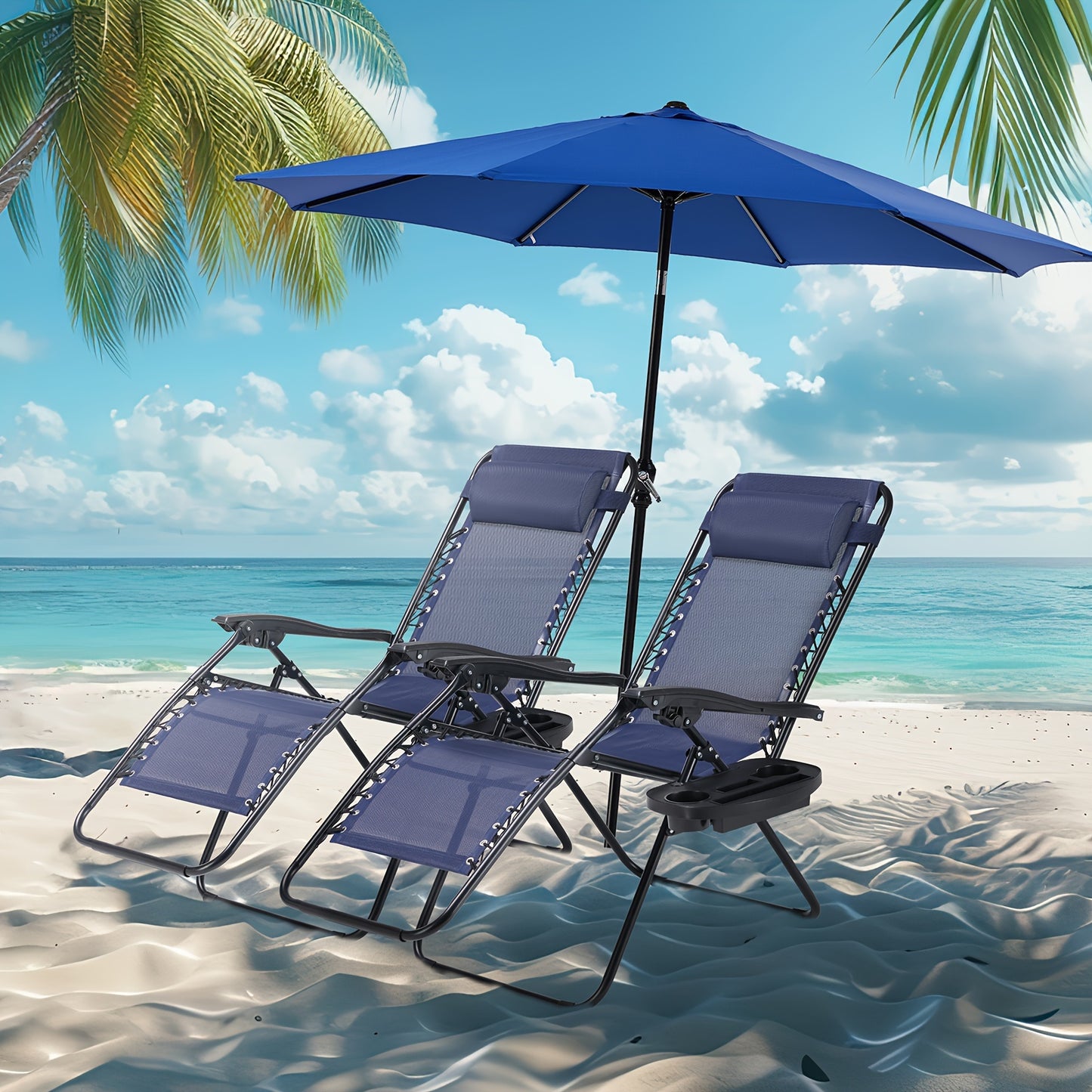 2-Pack Zero Gravity Chair w/1 Patio Umbrella Set - Outdoor Foldable Portable Lightweight Recliner