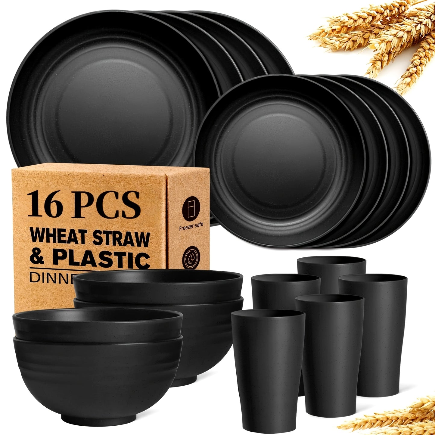 Unbreakable Plates, Bowls & Cups/Wheat Straw Tableware Set/4/16/32pcs Dishwasher Safe, Lightweight