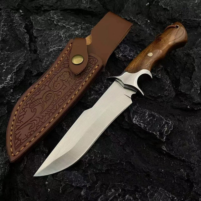1pc Hand-Forged Damascus Fixed Blade | Wooden Handle, Leather Sheath, Flat Edge, 13" Blade, 15"