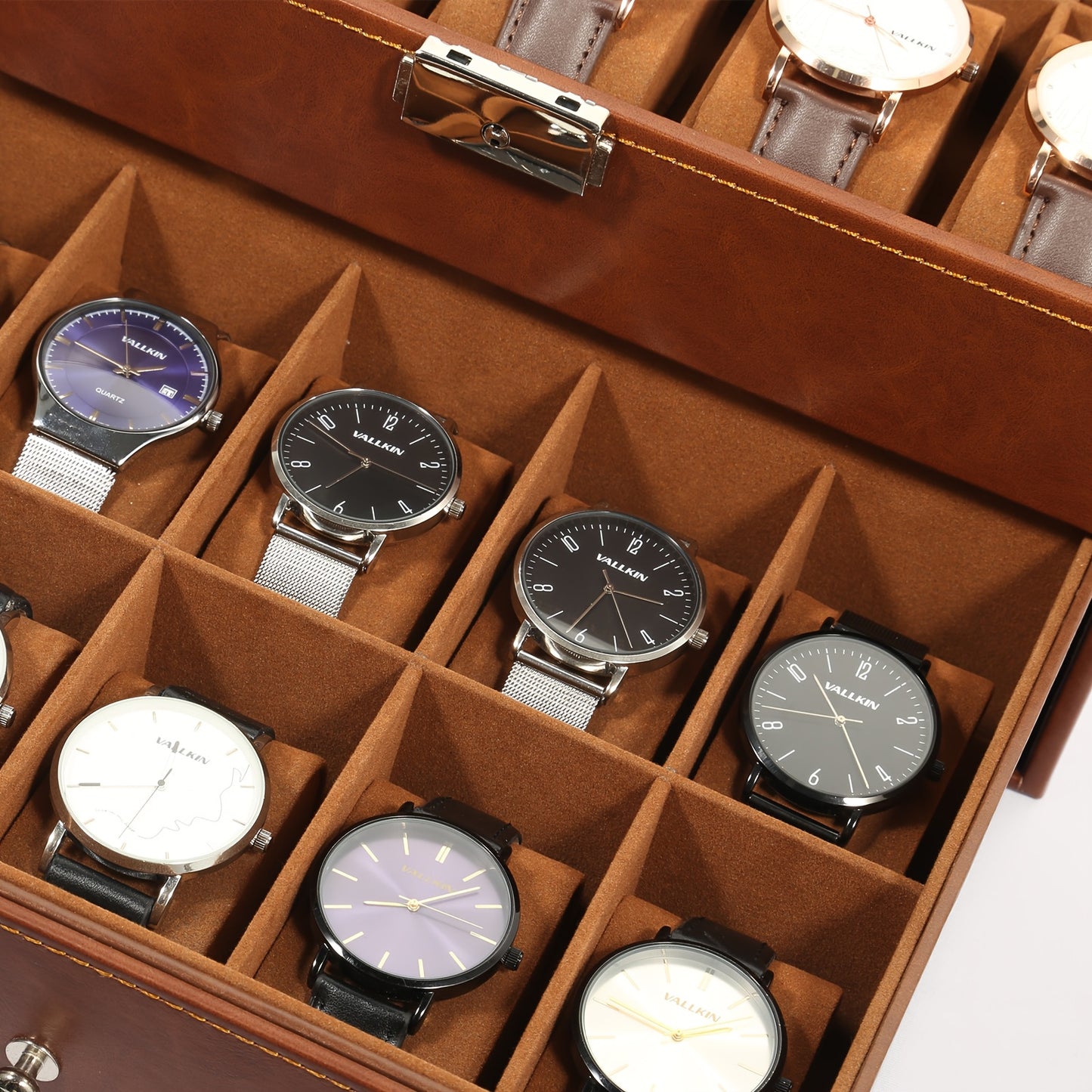 20-grid Double-layer Watch Box, Brown, Black, Gray Pillows, Solid Glass Cover,Collection And Display