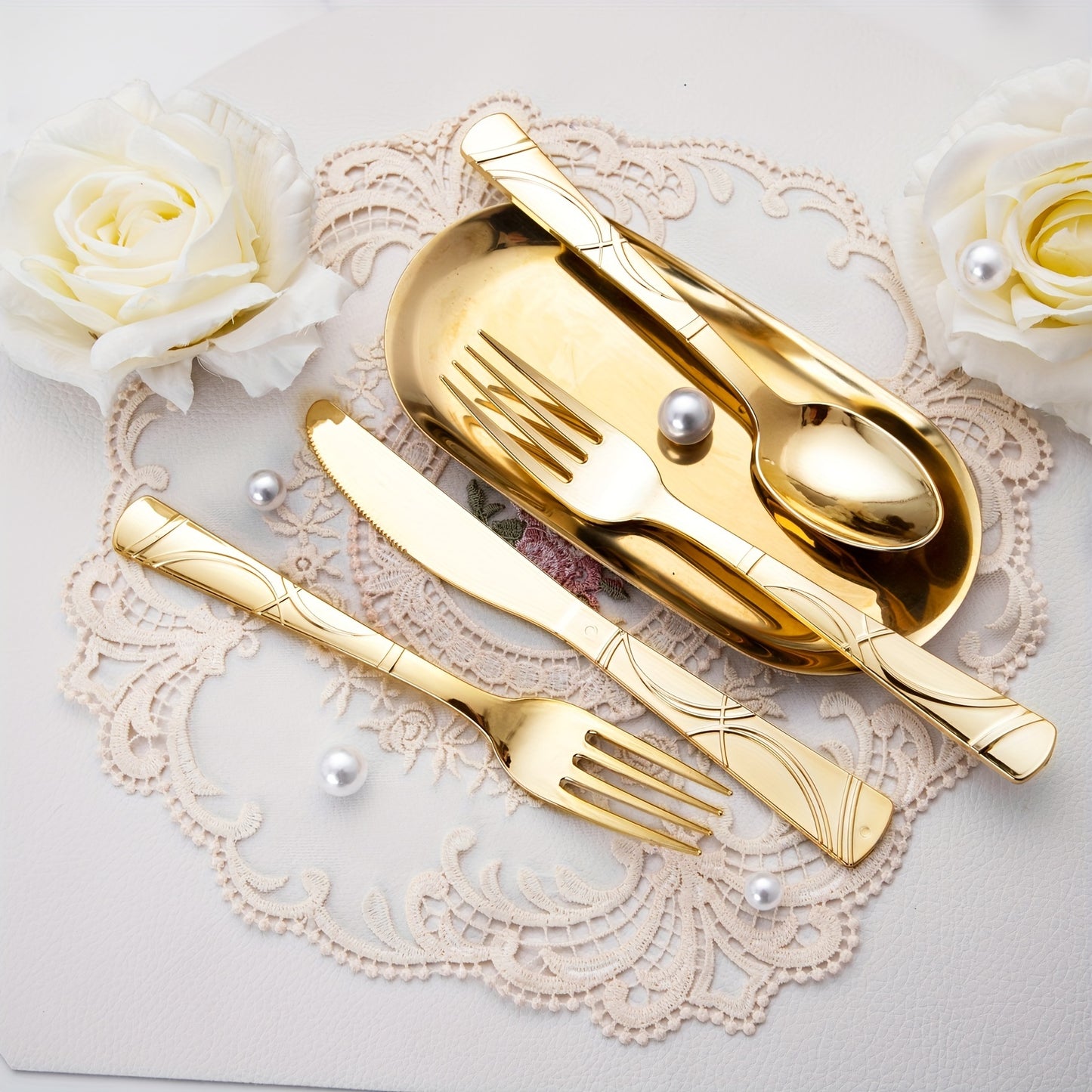 75 Pcs Golden Silverware/Plastic/Disposable w/25 Golden Forks, 25 Golden Spoons, 25 Golden Knives