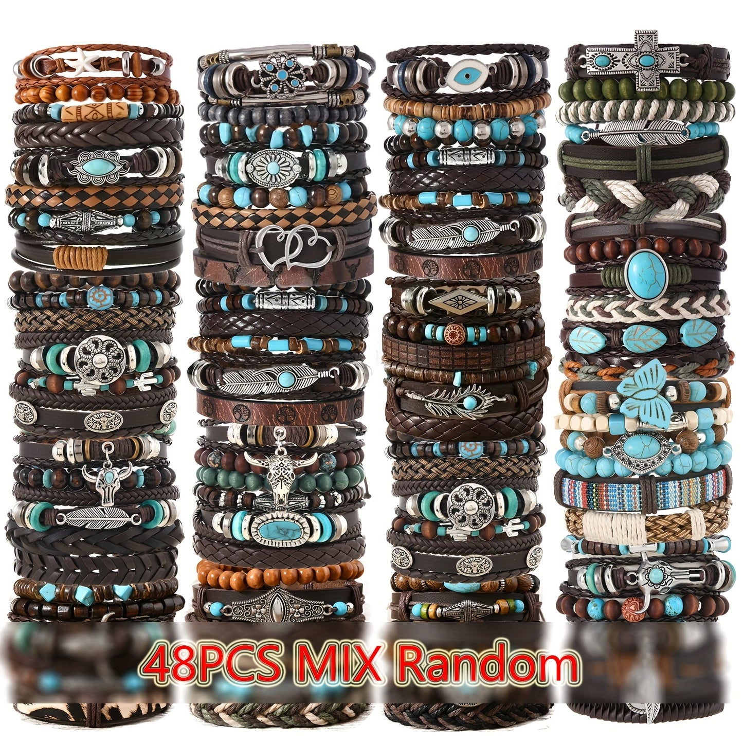 12/32/48pcs Bohemian Vintage Western Pu Leather & Turquoise Beaded Bracelet Set, Faux Leather Bangle