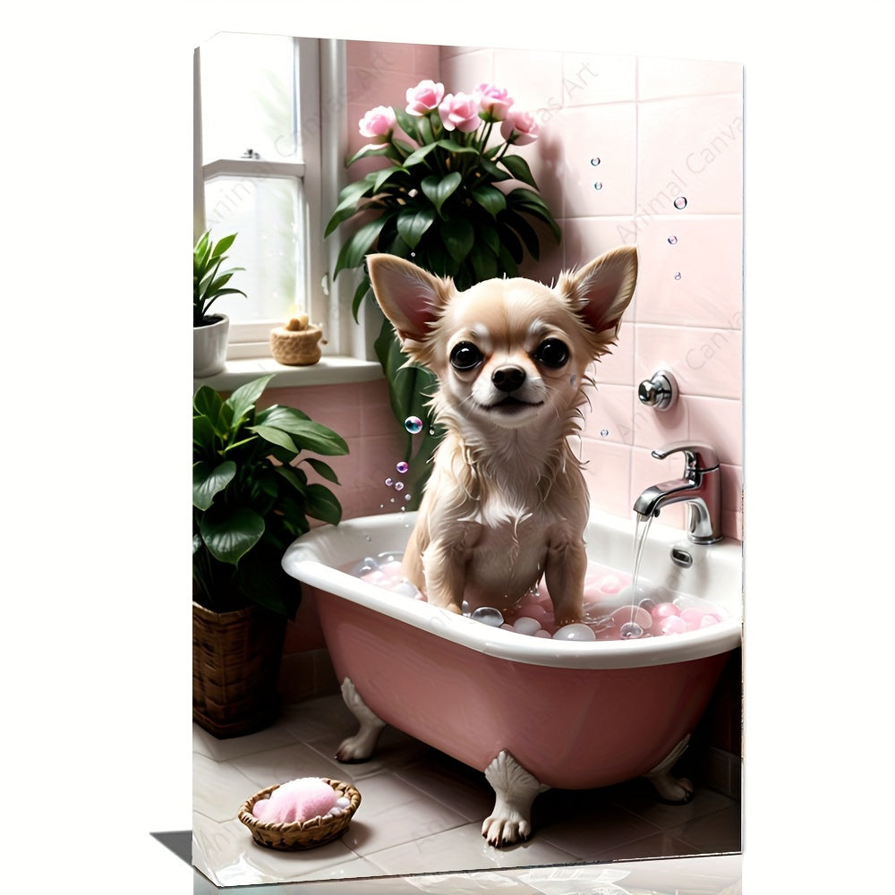 Playful Artistry, Chihuahua Bubble Bath Canvas Art, 12x18" - Frameless Abstract Wall Decor