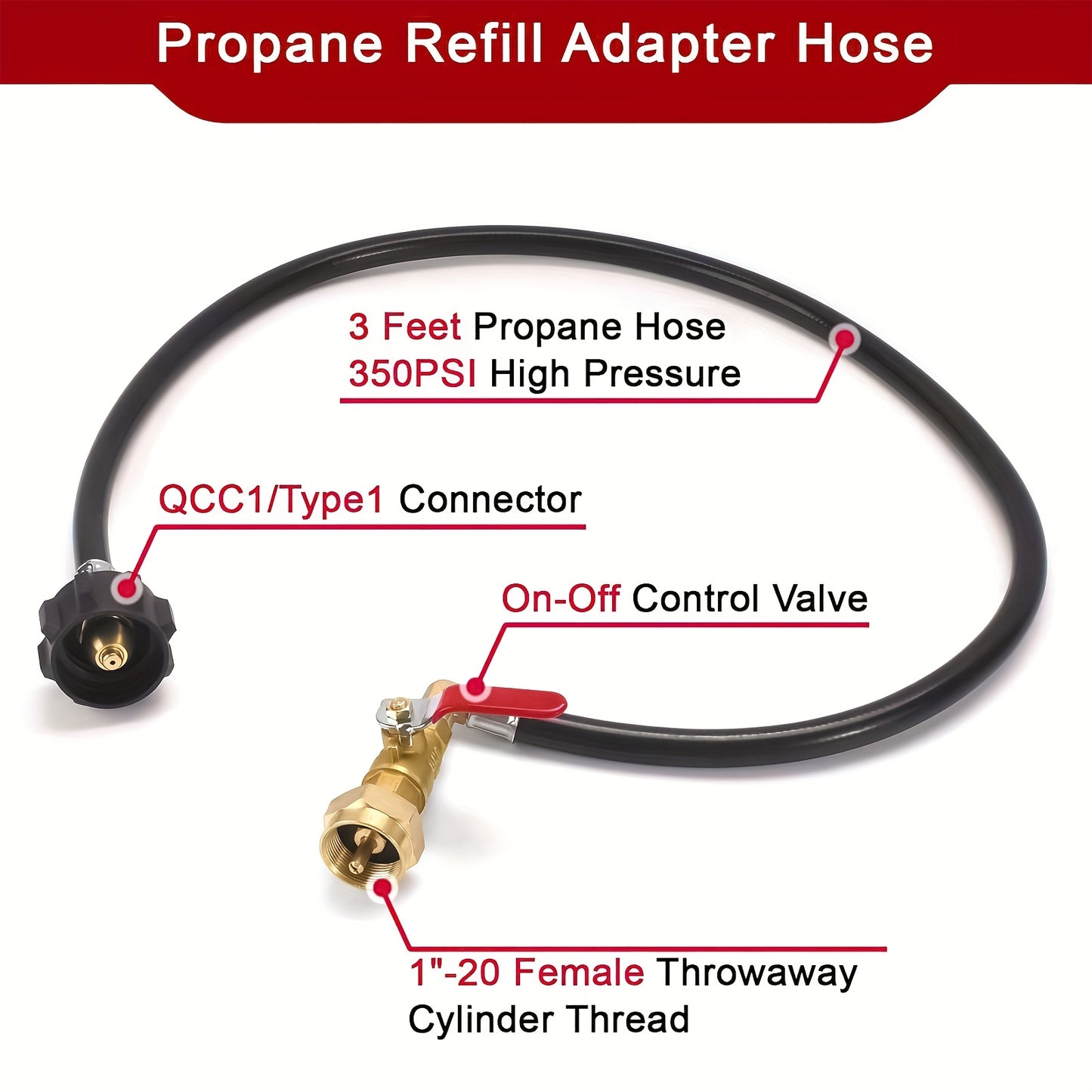 1 Lb Propane Tank Refill Adapter Kit, 3 Ft Hose W/Shutoff Valve, Fill 1 Lb Bottles From 20 Lb Tank
