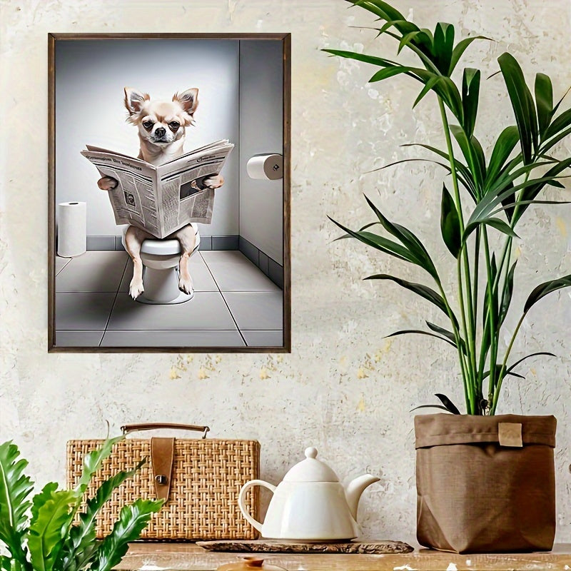 Chihuahua Reading Newspaper on Toilet: "12x16"  Framed Poster - Humorous Animal Wall Art