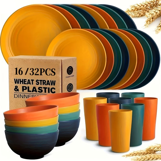 16/32pcs Wheat Straw Tableware Set, Round Plates, Dessert Plates, Bowls AndCups, Unbreakable Plates And Bowls Set, Service For 8/4, Dishwasher Safe, Durable & Lightweight & Easy-Clean For Kitchens, RVs, Camping, And Outdoor U