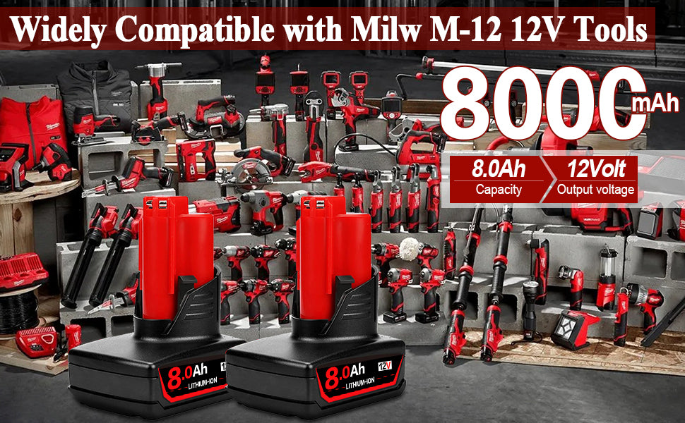 2PACK M12 12V 8.0Ah Battery Milwaukee Li-Ion Battery 48-11-2420 48-11-2411 48-11-2440 48-11-240