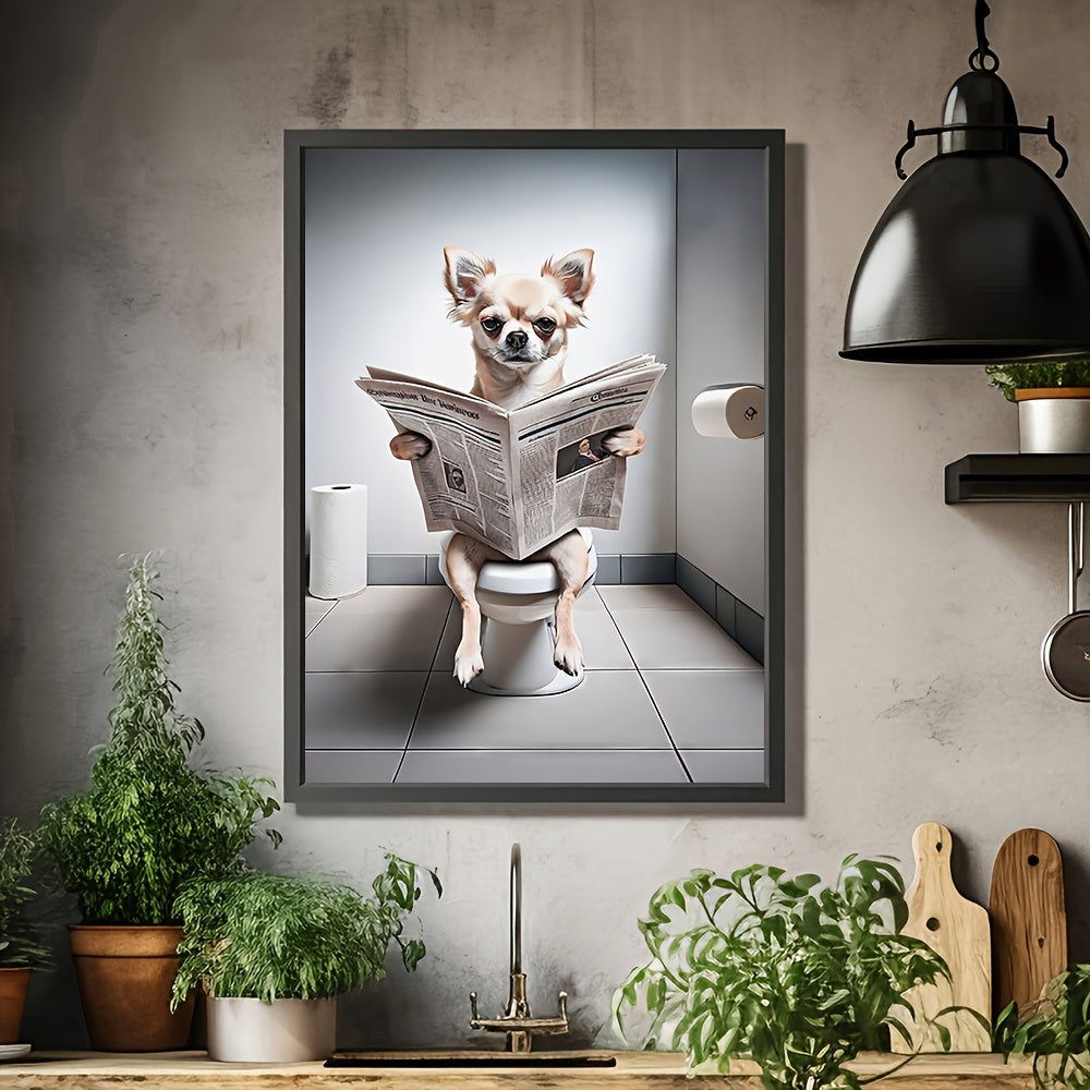 Chihuahua Reading Newspaper on Toilet: "12x16"  Framed Poster - Humorous Animal Wall Art