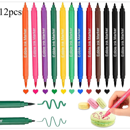 Set of 12 Edible Food Markers, Coloring Pens w/Dual Tips, Decorating Cakes, Cookies, And Chocolates.