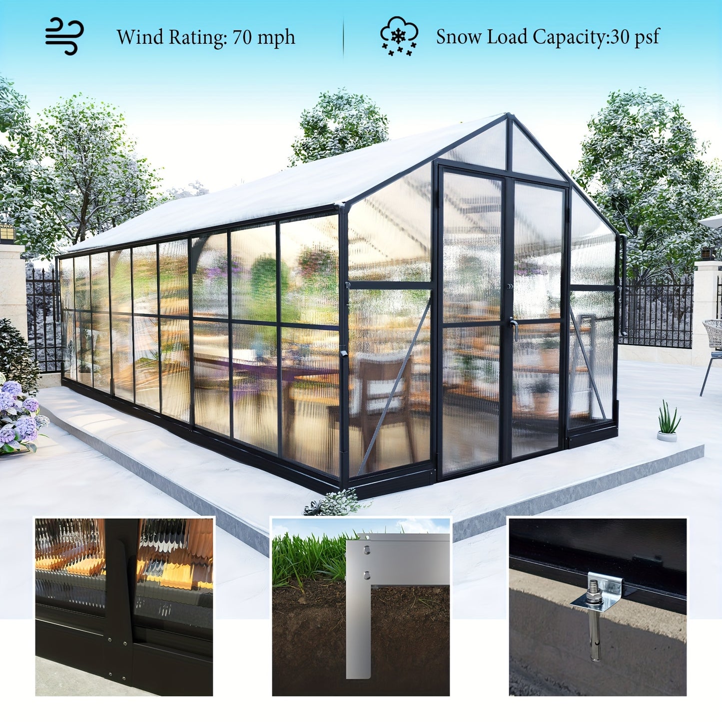 AMERLIFE Grandiose Polycarbonate Greenhouse - Quick-Connect System, Spacious Walk-In Design, 4 Vents