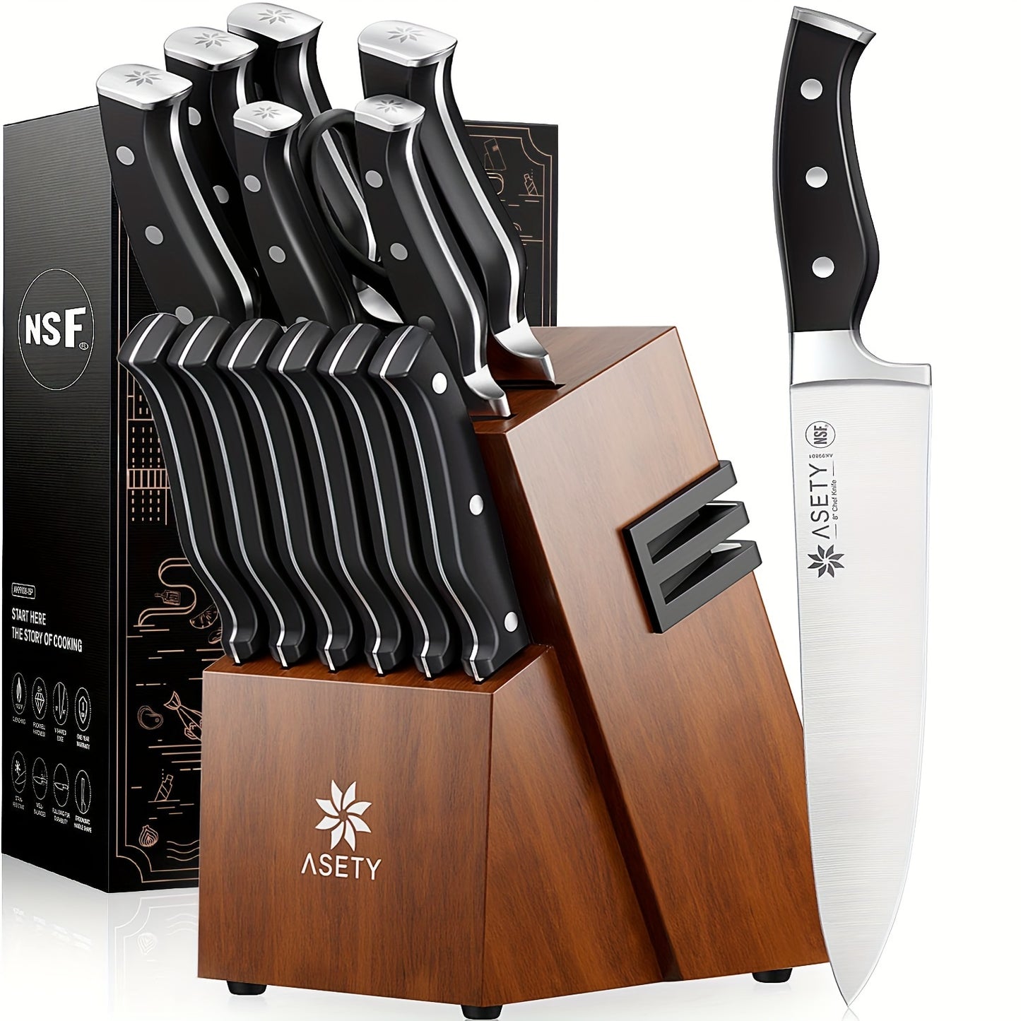 ASETY Knife Set, 15pcs Kitchen Knife Set with Built-in Knife Sharpener Block, German Stainless Steel