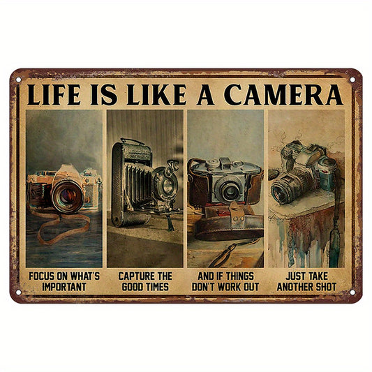 Camera Retro Metal Tin Sign, 'Life Is Like A Camera Focus On What's Important' 8" X 12"