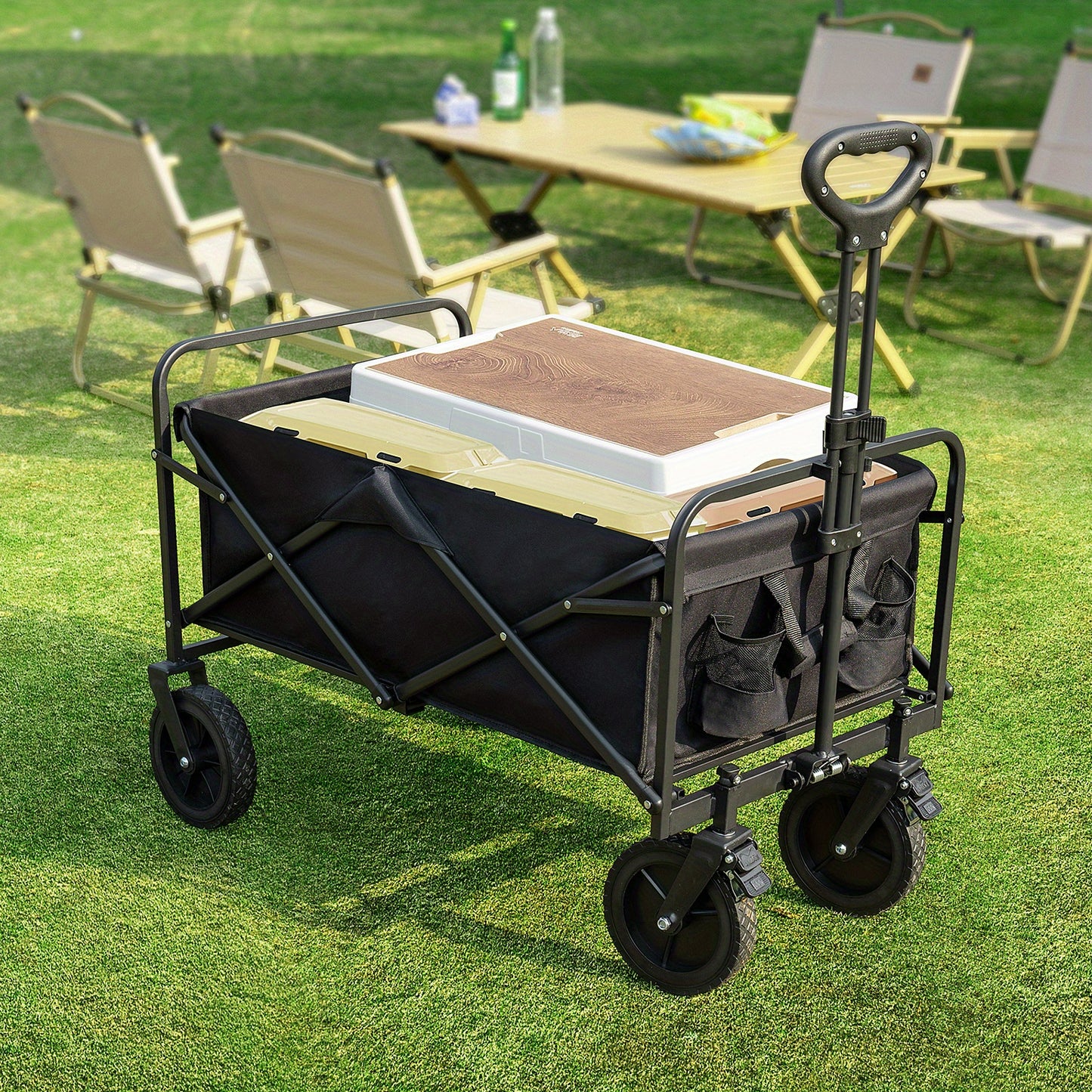 Collapsible Folding Wagon, Heavy Duty Utility Portable Beach Garden Cart w/360°All Terrain Wheels