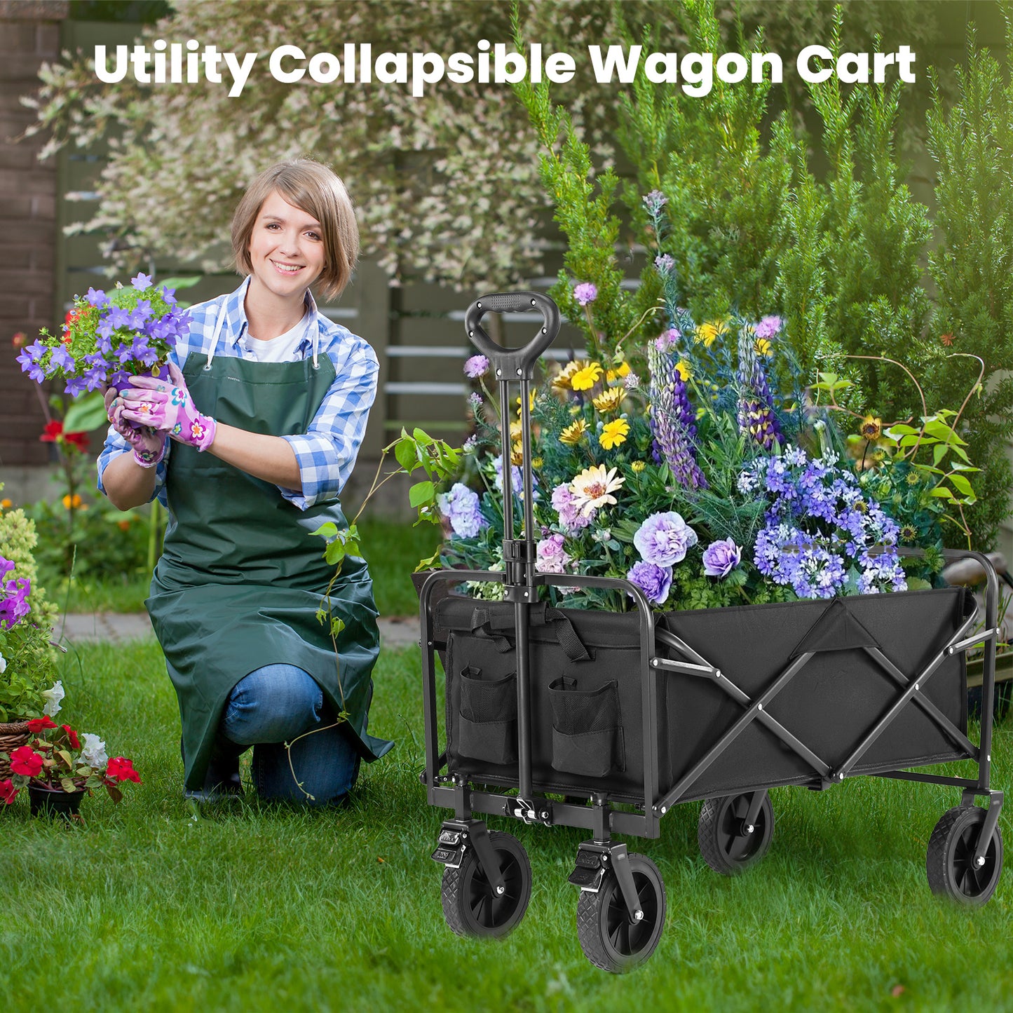 Collapsible Folding Wagon, Heavy Duty Utility Portable Beach Garden Cart w/360°All Terrain Wheels