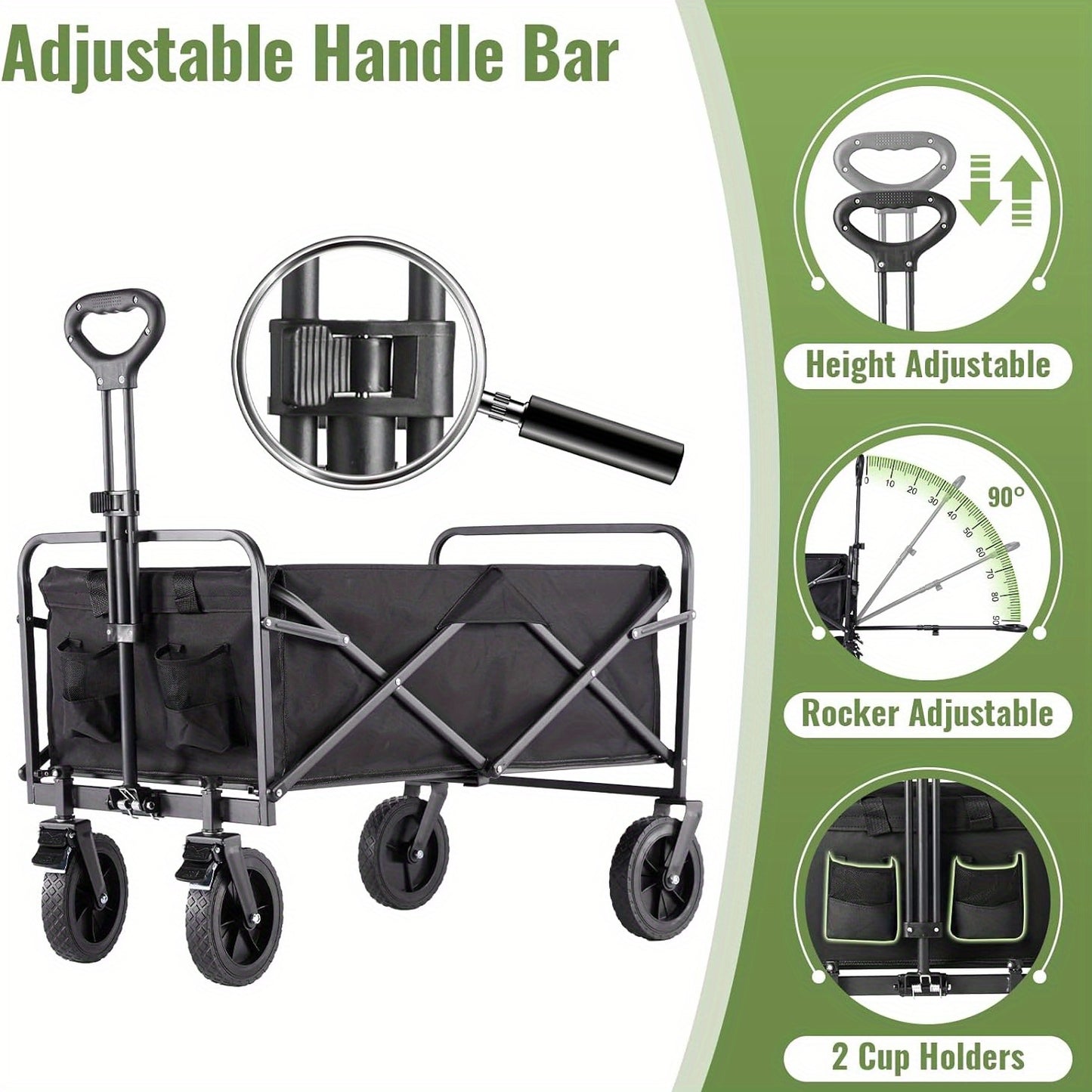 Collapsible Folding Wagon, Heavy Duty Utility Portable Beach Garden Cart w/360°All Terrain Wheels