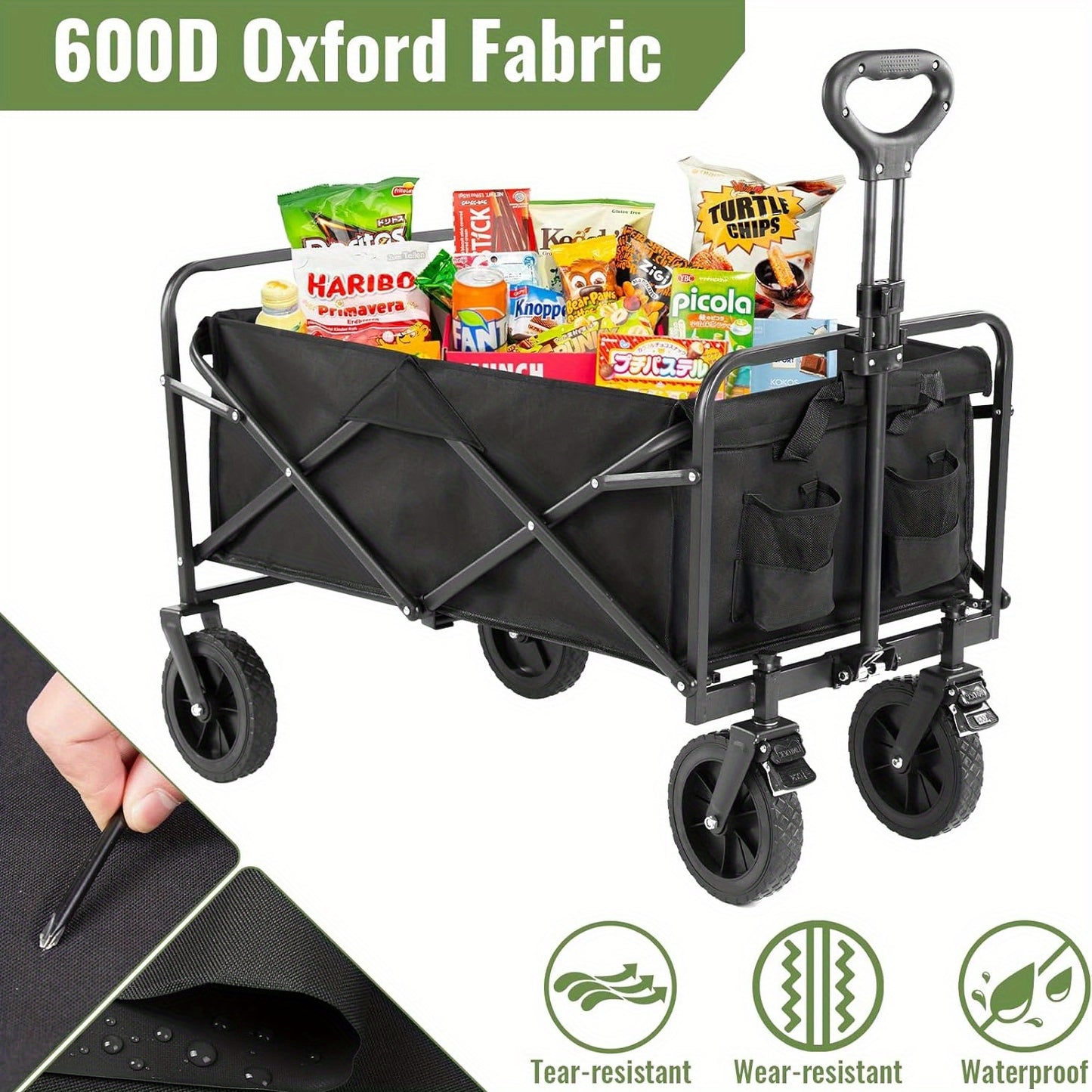 Collapsible Folding Wagon, Heavy Duty Utility Portable Beach Garden Cart w/360°All Terrain Wheels