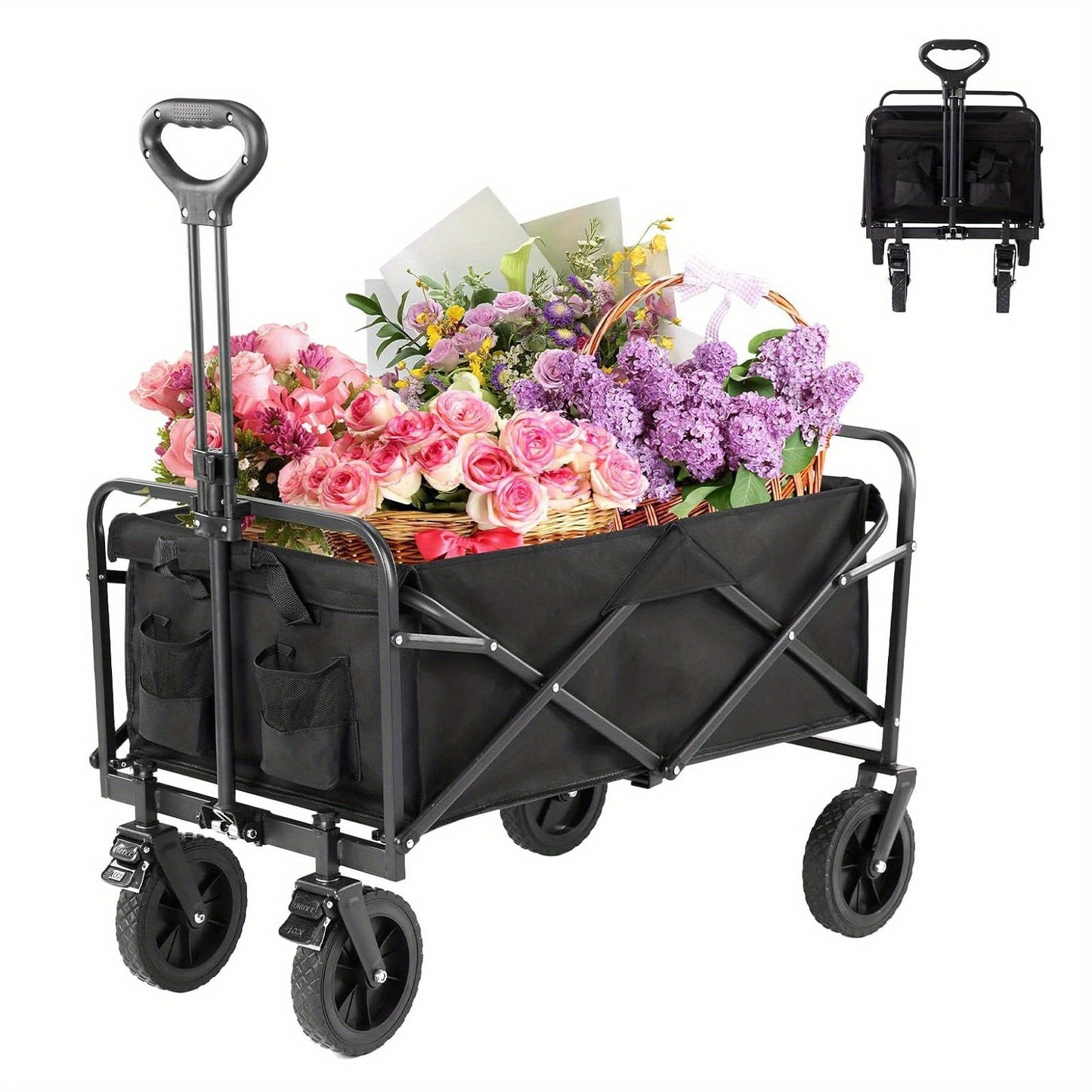 Collapsible Folding Wagon, Heavy Duty Utility Portable Beach Garden Cart w/360°All Terrain Wheels