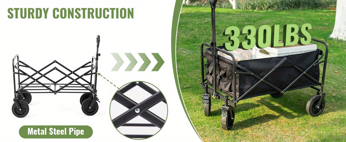 Collapsible Folding Wagon, Heavy Duty Utility Portable Beach Garden Cart w/360°All Terrain Wheels