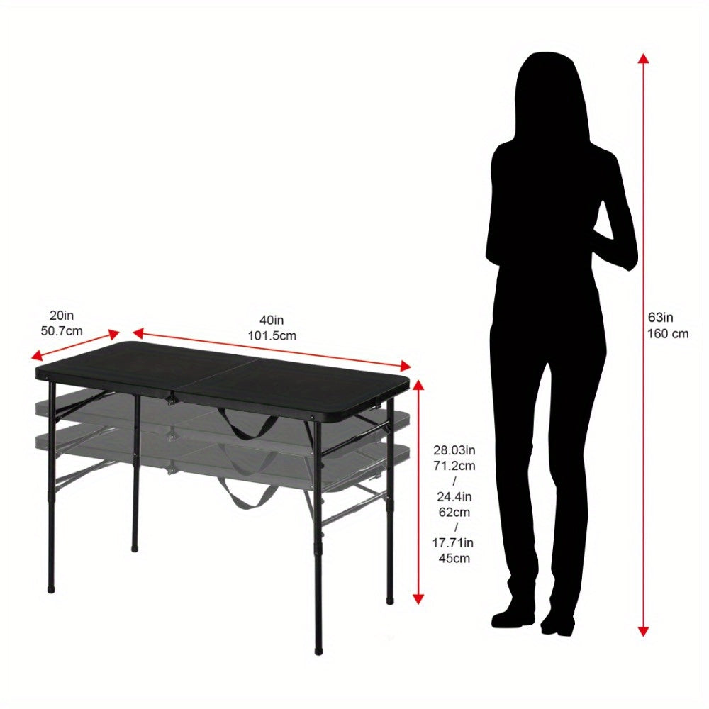 Plastic adjustable height folding table, dark black, suitable for daily use indoors & outdoors