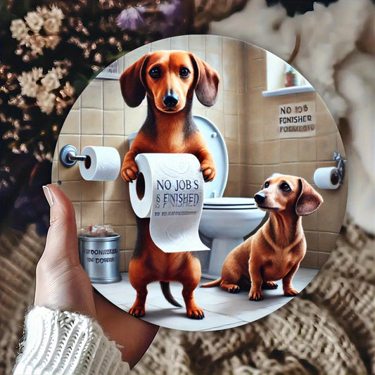 Dachshund Bathroom Decor Sign - 7.8x7.8" Round Metal Wall Art, Funny Animal Design