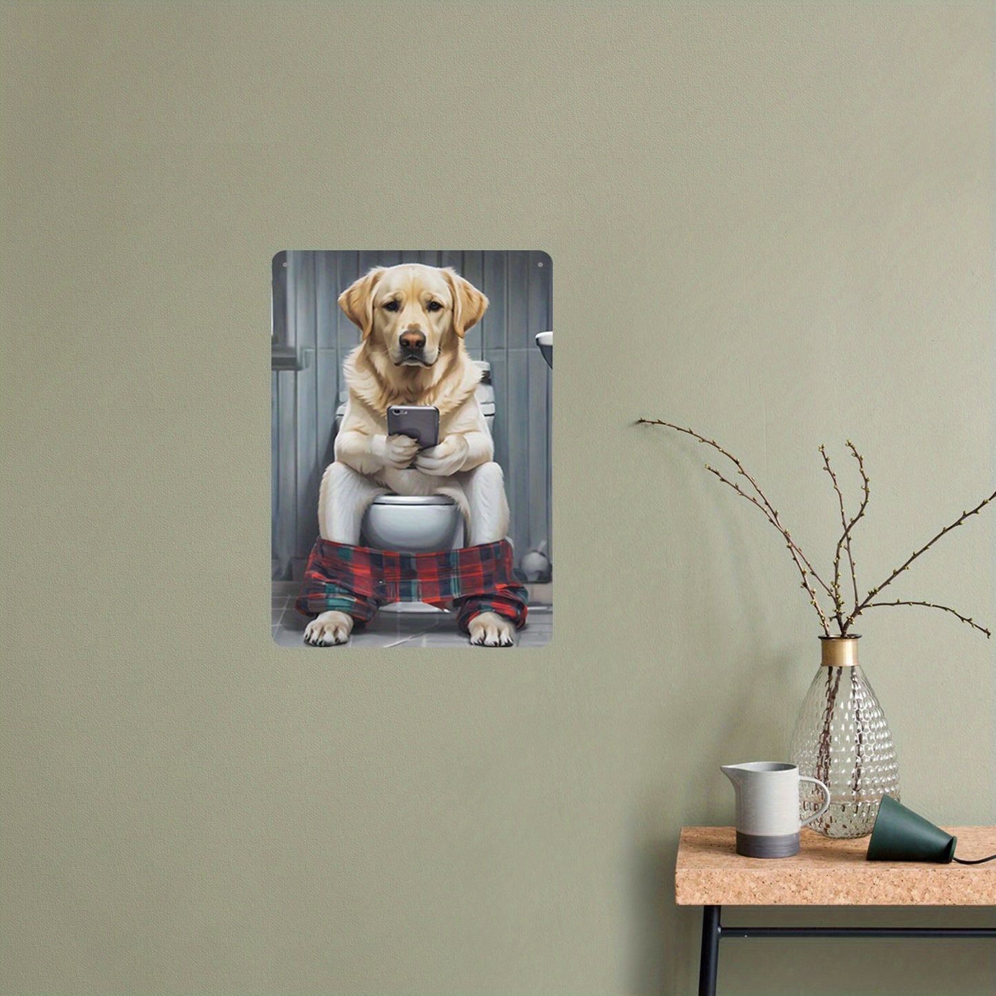 1pc, Labrador Retriever with Phone on Toilet, Funny Bathroom Wall Art Poster, 8x12 Inch, Metal Sign